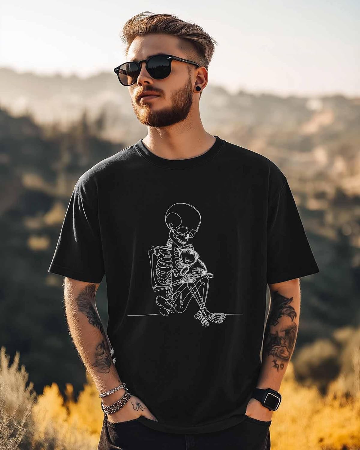 Men's T-Shirt Skeleton Hug Cat Graphic Tees Cotton Short-Sleeve Casual Tops - Image 3