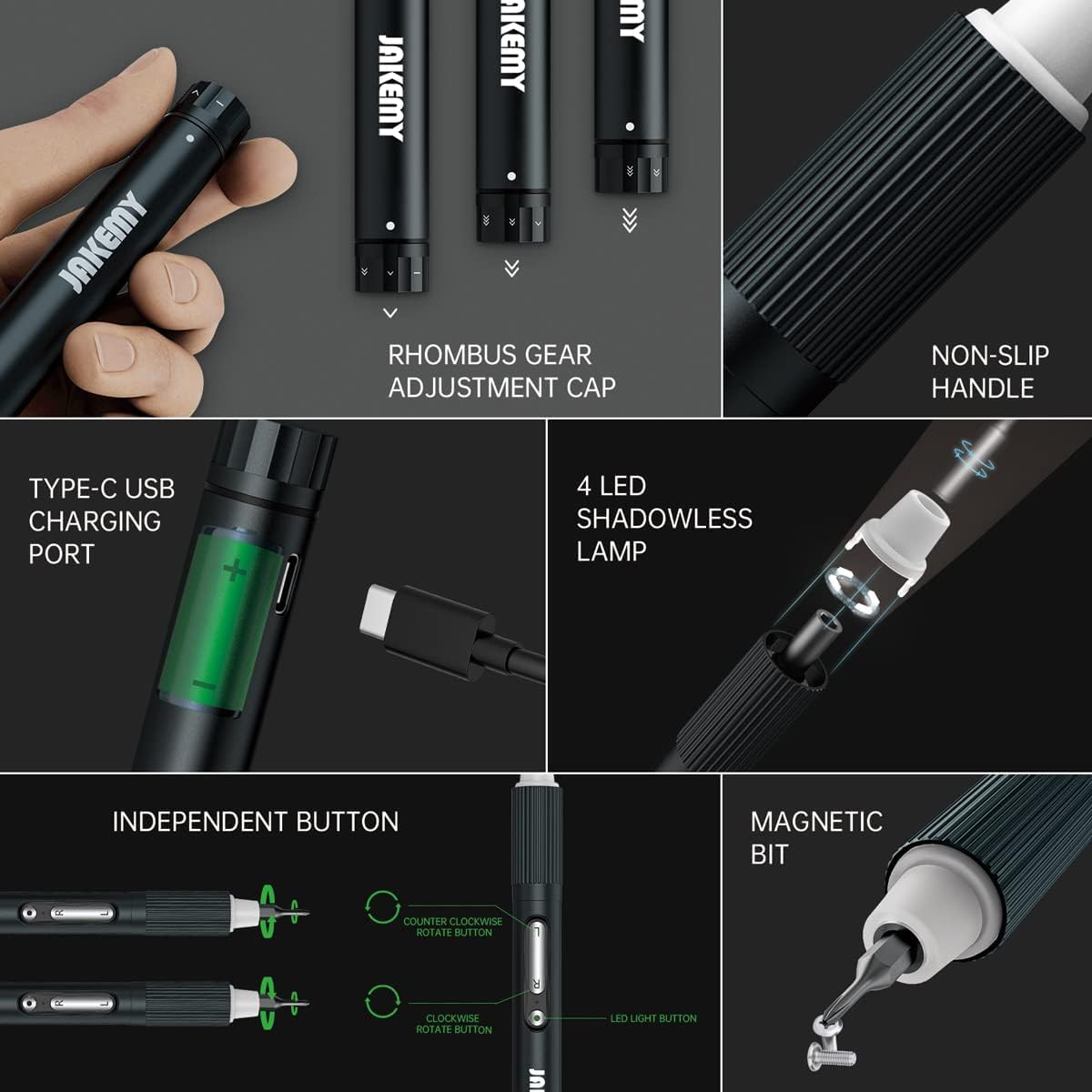 JAKEMY Mini Elektro Schraubendreher E21-A Set Einstellbares 3 Drehmoment Akku Feinmechaniker Elektrischer Schraubendreher mit LED-Lichter USB Typ-C Aufladung für PC, Laptop, Brillen, Uhren, Kamera