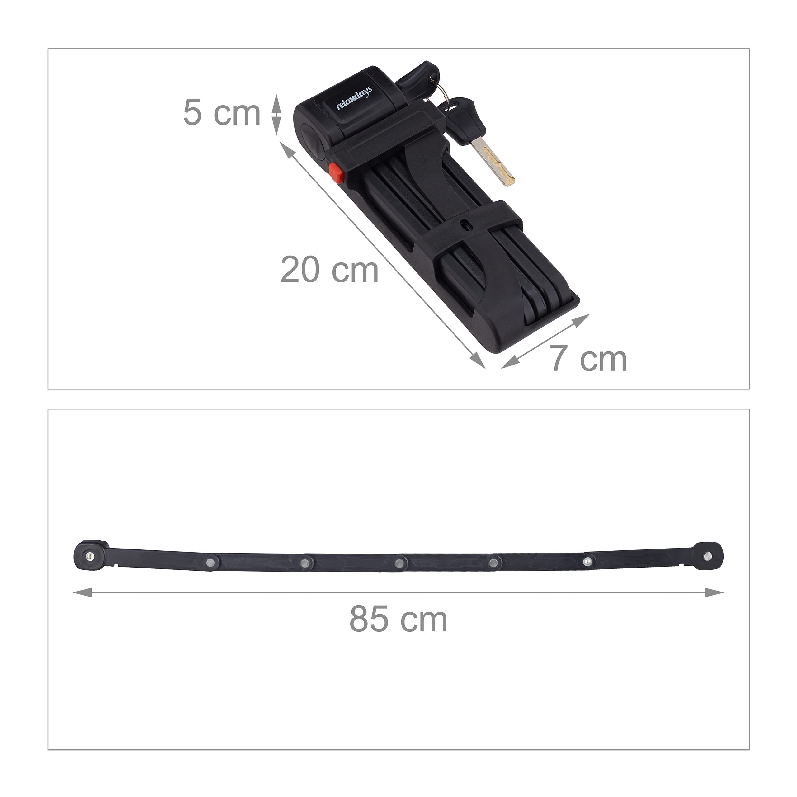 Relaxdays Lucchetto da Bici Pieghevole, Lock per Biciclette con Supporto su Telaio, 2 Chiavi, Lungo 85 cm, Acciaio, Nero