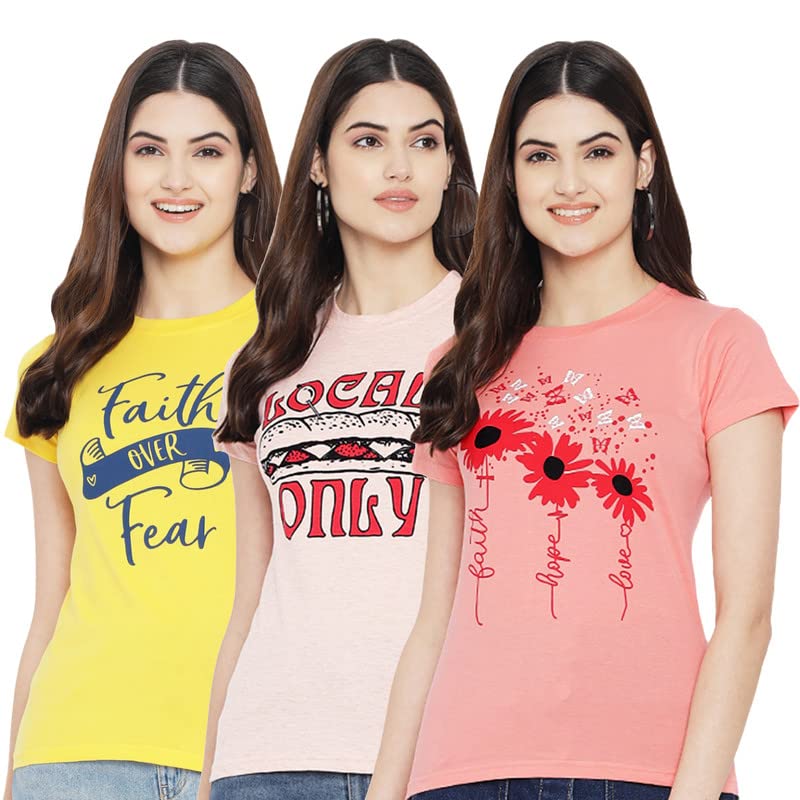 Image of Preneum Women's Cotton Regular Fit Graphic Stylish Printed Short Sleeves Casual T-Shirt || Trend & Style (Pack 3)