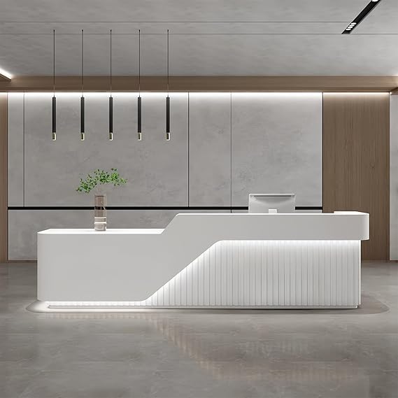 L Shape Reception Desk - Modern Front Desk with Counter and Hidden LED Light, No Assembly Required, Solid Wood Retail Counter- Perfect for Office, Checkout Counter & Retail Counter Use