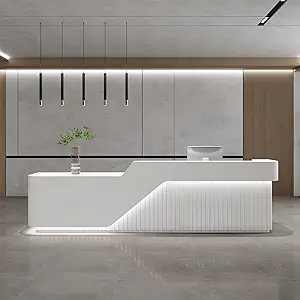 L Shape Reception Desk - Modern Front Desk with Counter and Hidden LED Light, No Assembly Required, Solid Wood Retail Counter- Perfect for Office, Checkout Counter & Retail Counter Use