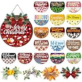 Vicenpal Interchangeable Welcome Sign for Front Door with 17 Magnetic Icons, Wooden Seasonal Front Porch Door Decor with 4 Seasonal Wreaths and 17 Changeable Icons for Holiday Party (Brown)