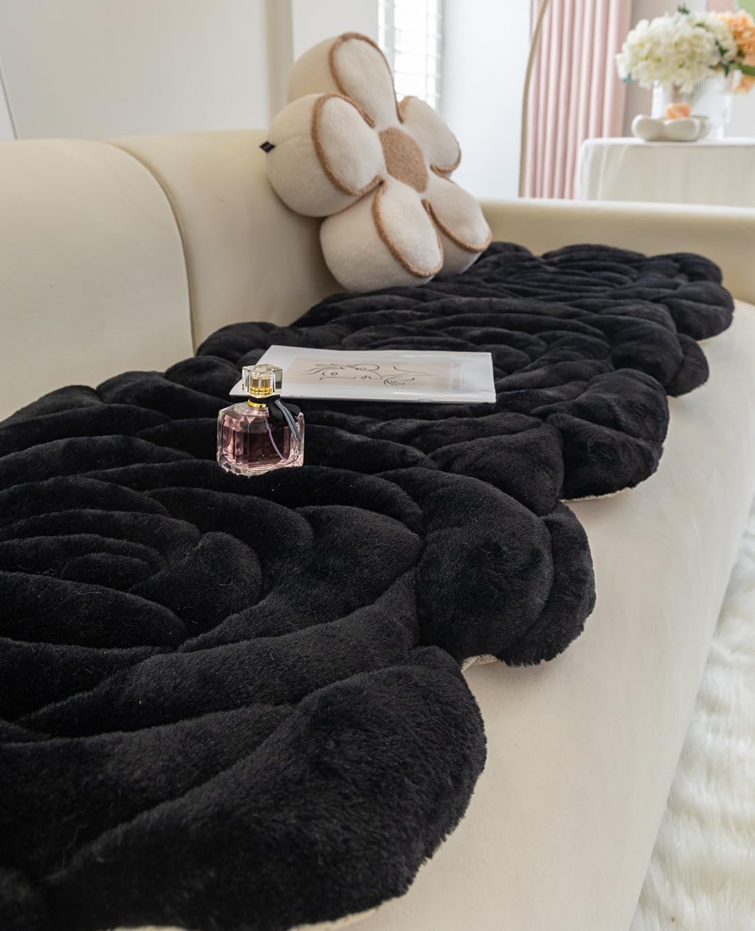 vctops 3D Rose Flower Shaped Couch Cover Faux Fur Thick Sofa Cover Non-Slip Furry Fuzzy Slipcover Soft Washable Furniture Protector Cover for Pet Cat Area Rugs (Black,26"x71")