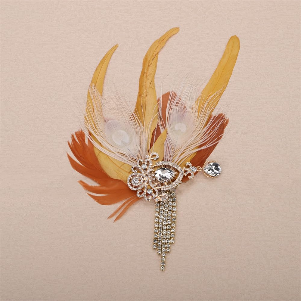 Aimimier 1920s Flapper Feather Hair Clip Crystal Tassel Roaring 20s Yellow Feather Headpiece Masquerade Hair Accessories for Women and Girls - Image 2