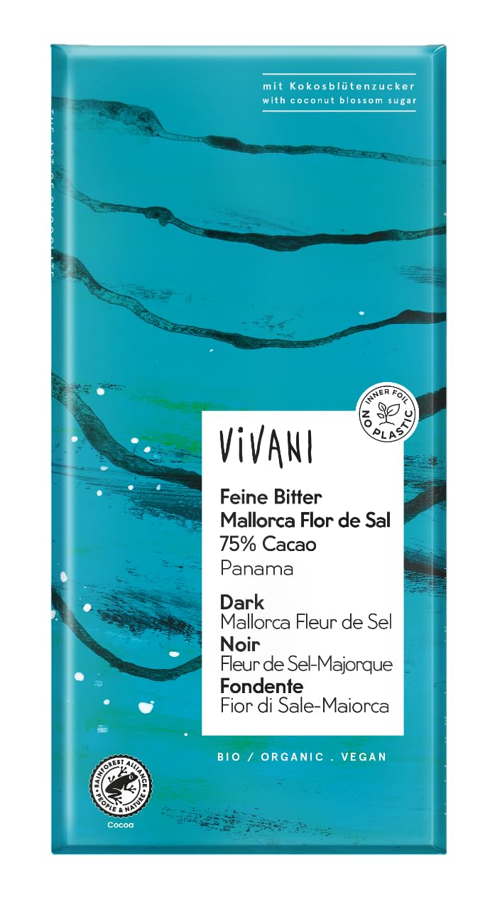 Vivani Chocolate Negro Panama 75% con Flor de Sal de Mallorca | Chocolate Negro Gourmet | Vegano y Bio | Edición Grande | Paquete 10 Unidades x 80 gr