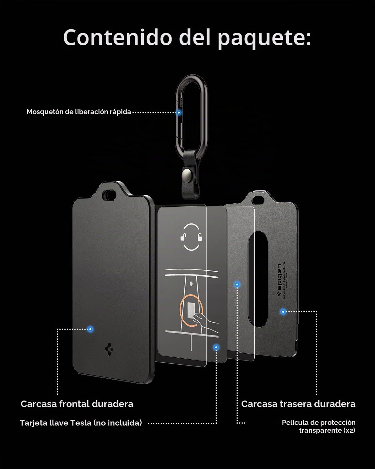 Spigen Llavero para Tesla [Pack de 2] Tarjetero para Tesla Model Y/Y Juniper (~2026), Model 3/3 Highland, Model S, Model X, Funda Llave para Accesorios Tesla - Edición Carbono