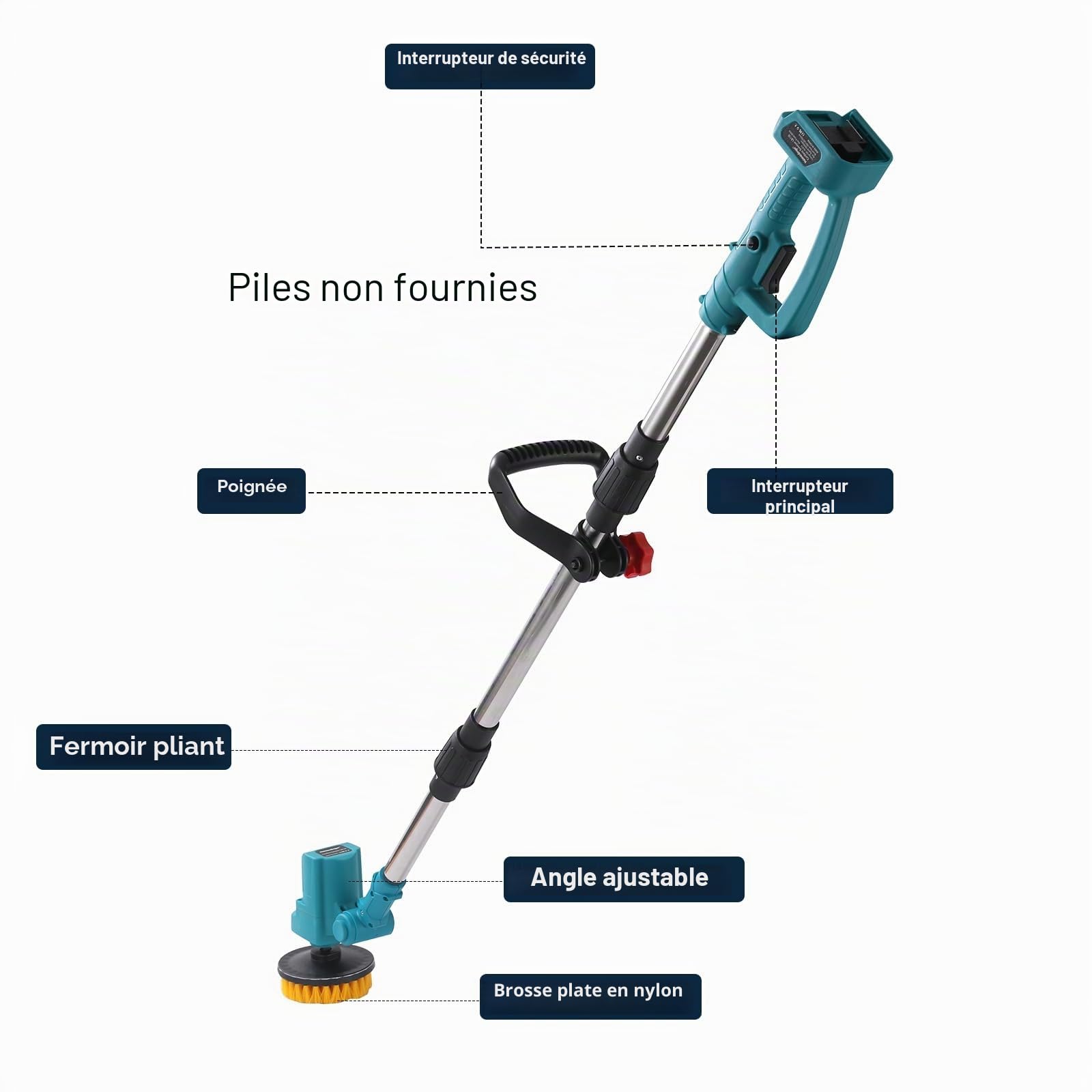 Brosse à récurer électrique extra longue, pliable, compatible avec batterie Makita 18 V (outil uniquement), brosse de nettoyage sans fil rechargeable sans fil, 1800 tr/min pour baignoire/carrelage/sol