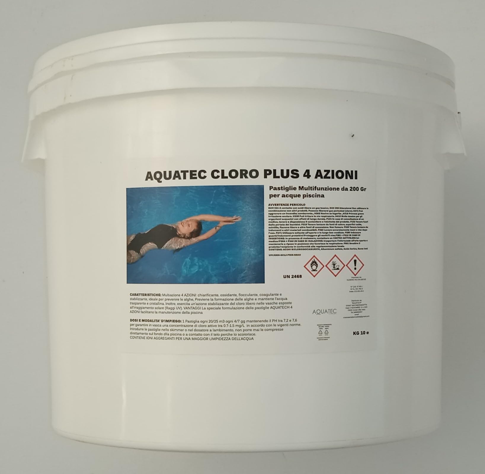 AQUATEC KG 10 Cloro per piscina multifunzione 4 Azioni in Pastiglie da 200 gr. Multiazione Trattamento Acqua di Piscina: Clorazione, Alghicida, Flocculante e Stabilizzante del pH