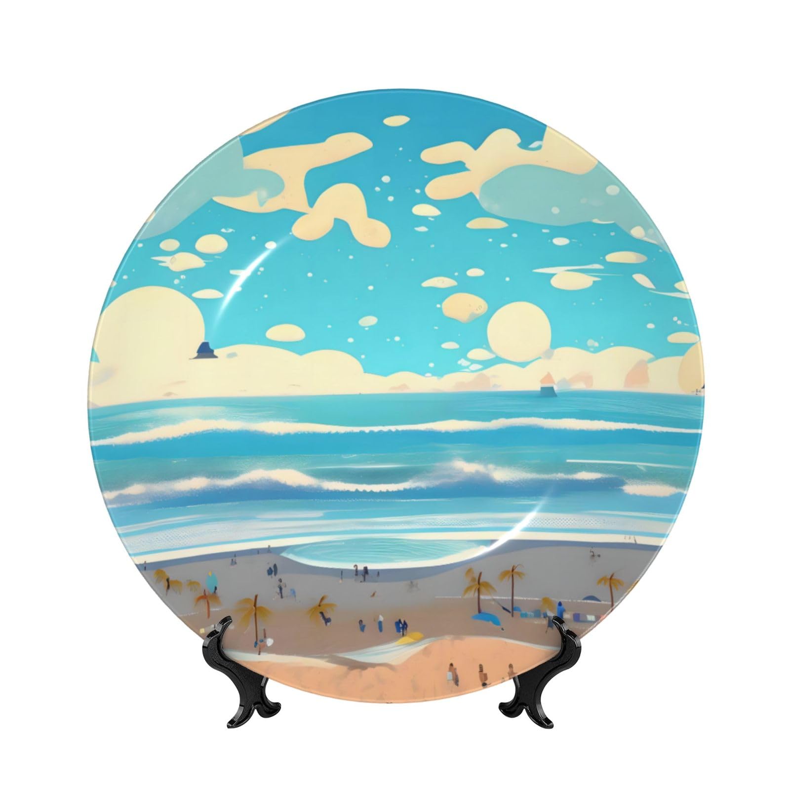 SXZVVBN Beach cartoon Bone China Decorative Plate Art with Stand Removable Adhesive Hanging for Home Office 7in