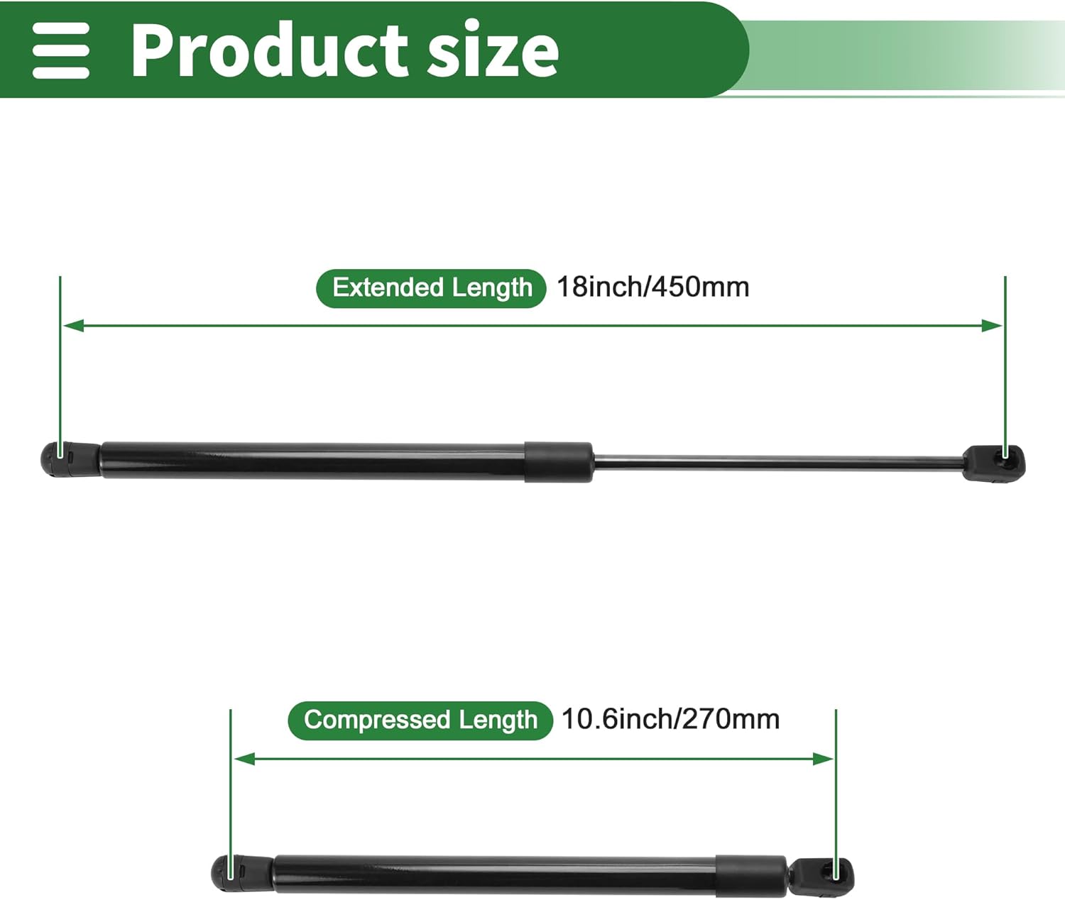 Motoforti Universal Lift Supports Struts Gas Spring 18inch/450mm 133Ib/600N/60kg with Plastic End Fittings Carbon Steel Black