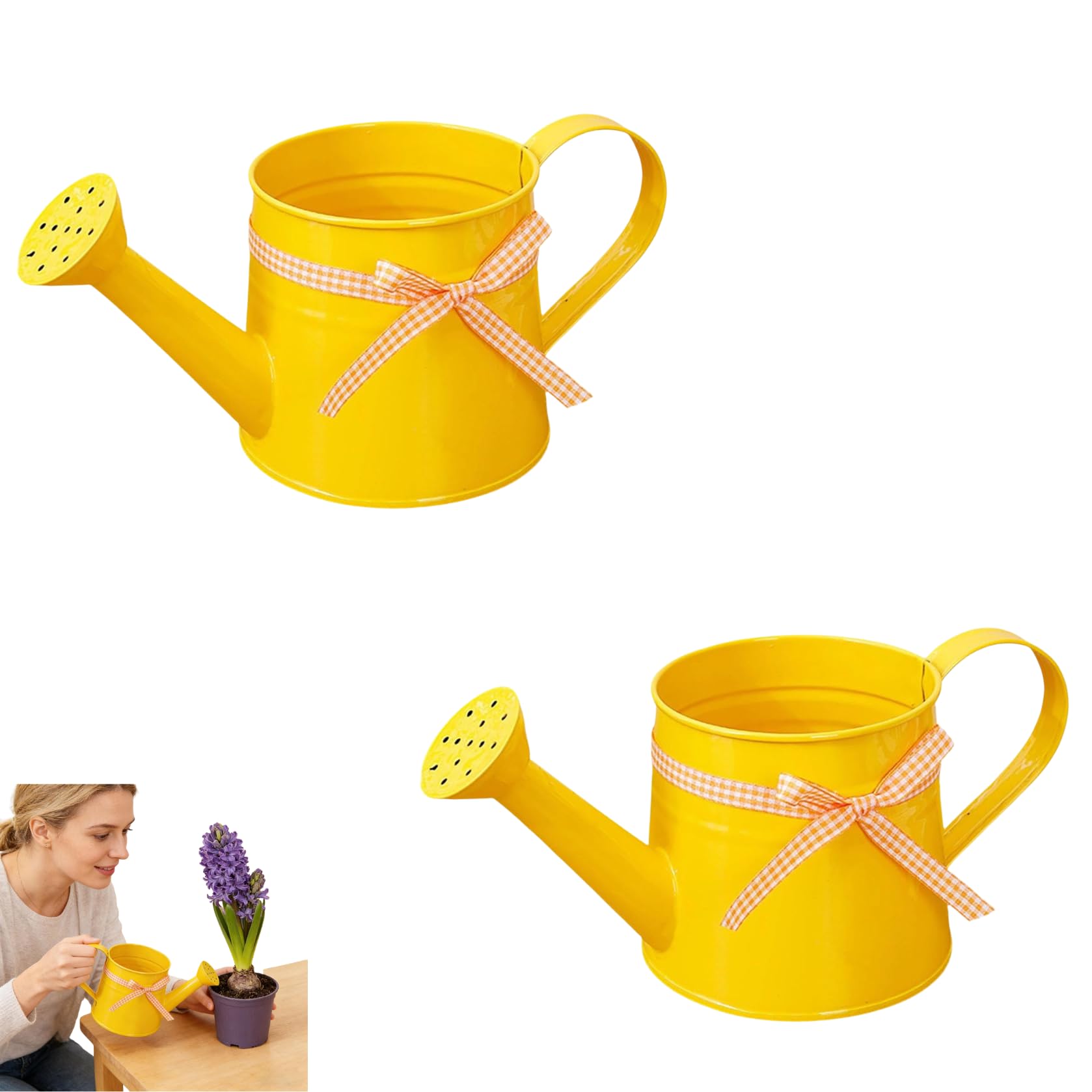 Small Metal Watering Can, 1L Vintage Houseplants Waterer Can with Ribbon, Galvanised Water Cans Garden Jug with Sprinkler Rose Head, for Garden Yarde Hourse Plants Flower (Yellow_2pcs)