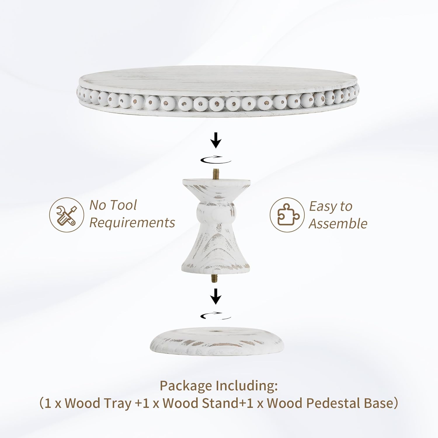 Hanobe White Wood Cake Stand: Cupcake Pedestal Stand 12 inch Dessert Display Riser Rustic Round Cakes Holder Tray Vintage Beads Wooden Plate for Christmas Wedding Birthday Decor - Image 5