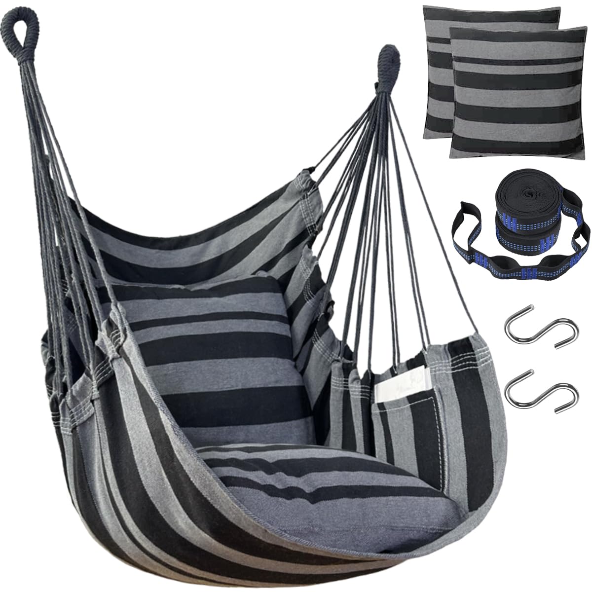 Hamaca colgante hamaca silla columpio de cuerda 2 cojines incluidos, hamaca resistente y duradera de algodón suave tejida a mano para dormitorio, porche, patio, interior/exterior