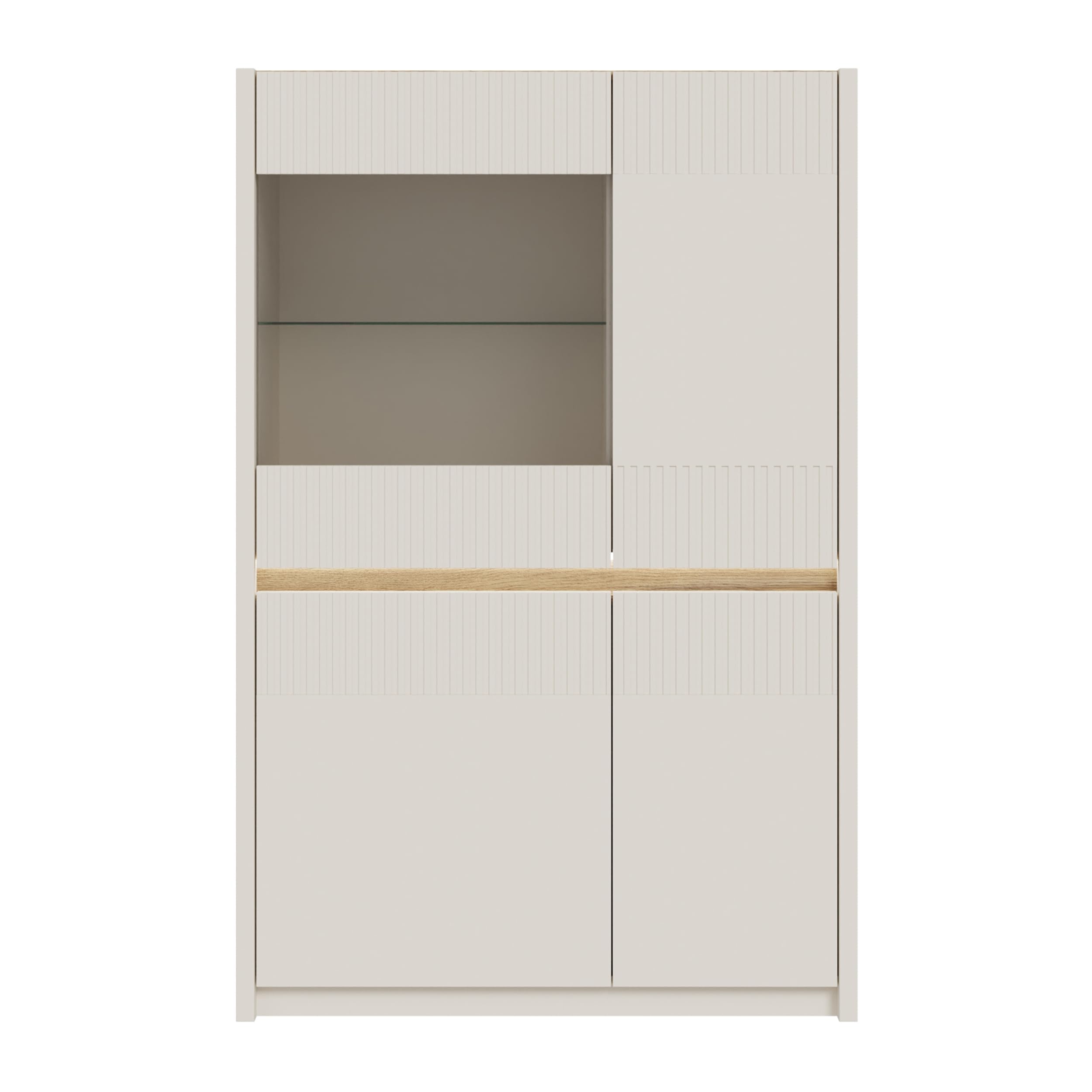 Forte Oak SQUERE Vitrine 90 100, Elegante Wohnzimmervitrine mit 4 Türen und Beleuchtung, Holzwerkstoff, Mauvella Eiche Holzdekor/Sand, 95,3 cm breit x 146,7 cm hoch x 41,5 cm tief