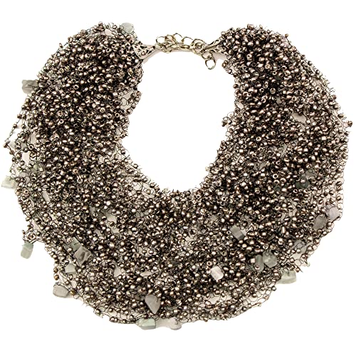 Handmade Silver multistrand necklace with cat eyes stone Statement beaded jewelry Gift for sister Custom length