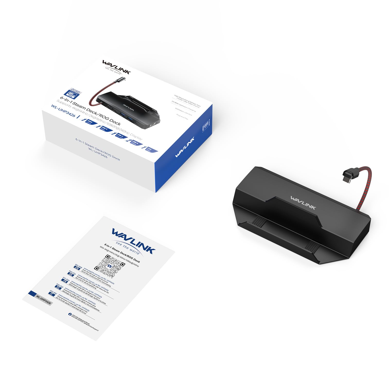 WAVLINK Base para Steam Deck, estación de Acoplamiento 6 en 1 para Steam Deck/ROG Ally con HDMI 2.1 4K a 144 Hz, Entrada PD de 100 W, 3 Puertos USB 3.2 de 10 Gbps y RJ45 Gigabit. | Entrada de 100 W, Gigabit RJ45, 2 × USB-A 10 Gb, 1 × USB-C 10 Gb, compatib