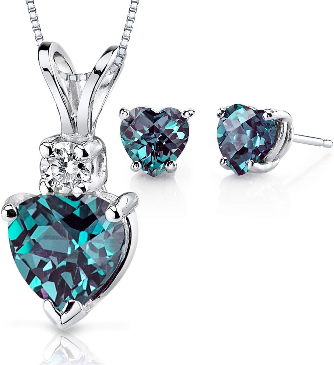 PEORA 14K White Gold Created Alexandrite Pendant and matching Earrings - Heart Shaped Diamond Pendant 1 Carat + Heart Shaped Created Alexandrite Stud Earrings 2 Carats