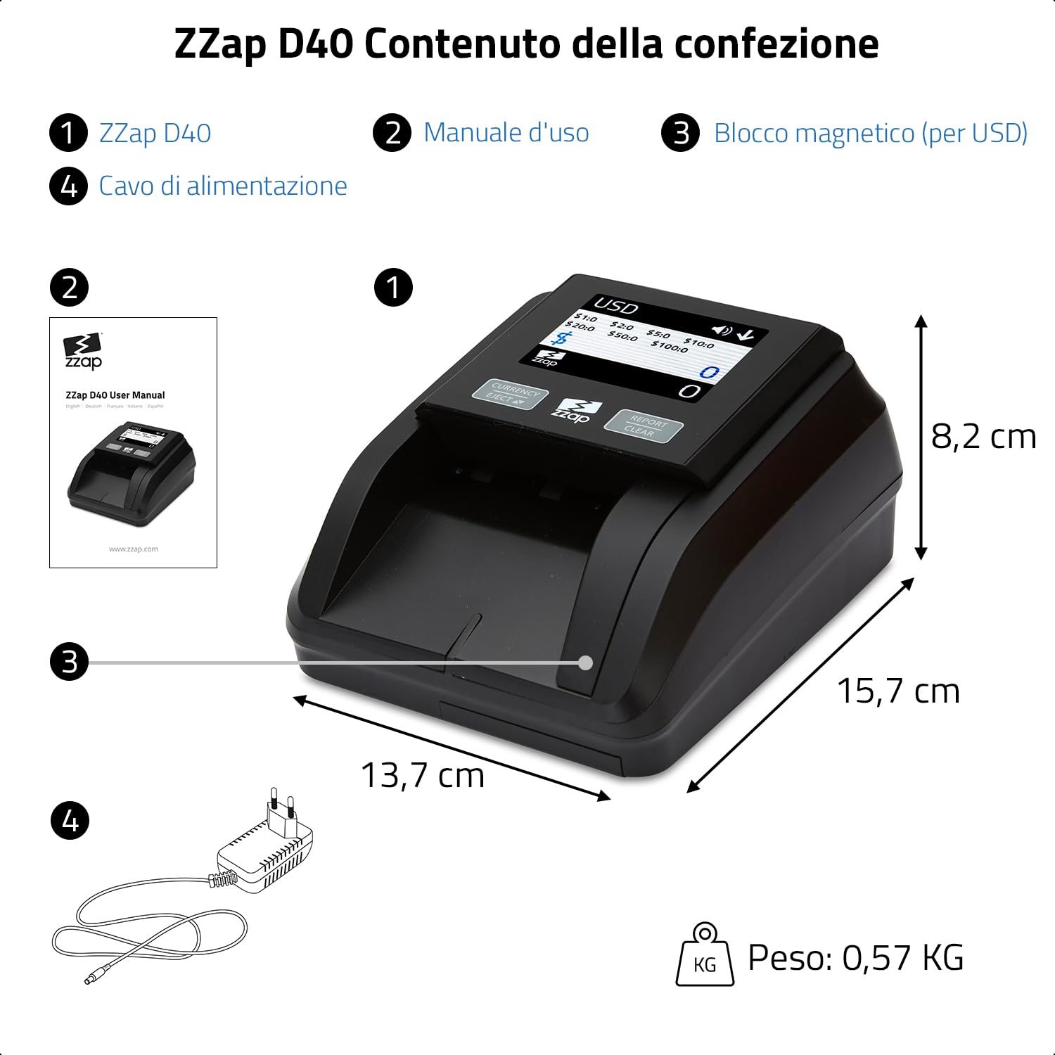 ZZap D40 Rilevatore di banconote false – preciso al 100%, Schermo a colori, 5 valute - Macchina per il controllo del denaro