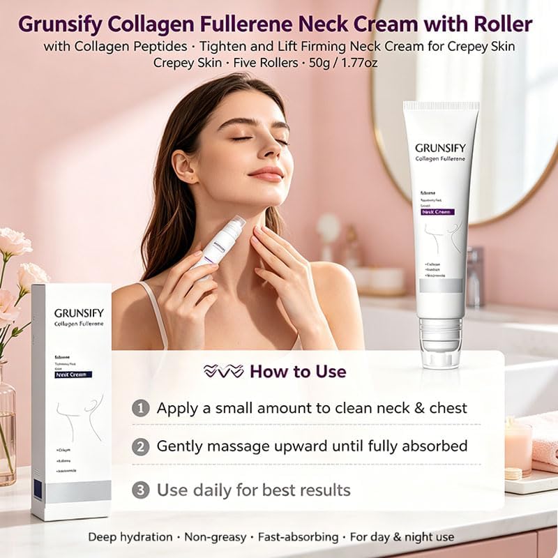 Image of Grunsify Collagen Fullerene Neck Cream With Roller, Magic Collagen Fullerene Neck Cream, Firming & Tightening With Collagen Peptides, Retinol & Hyaluronic Acid, Reduces Wrinkles & Double Chin