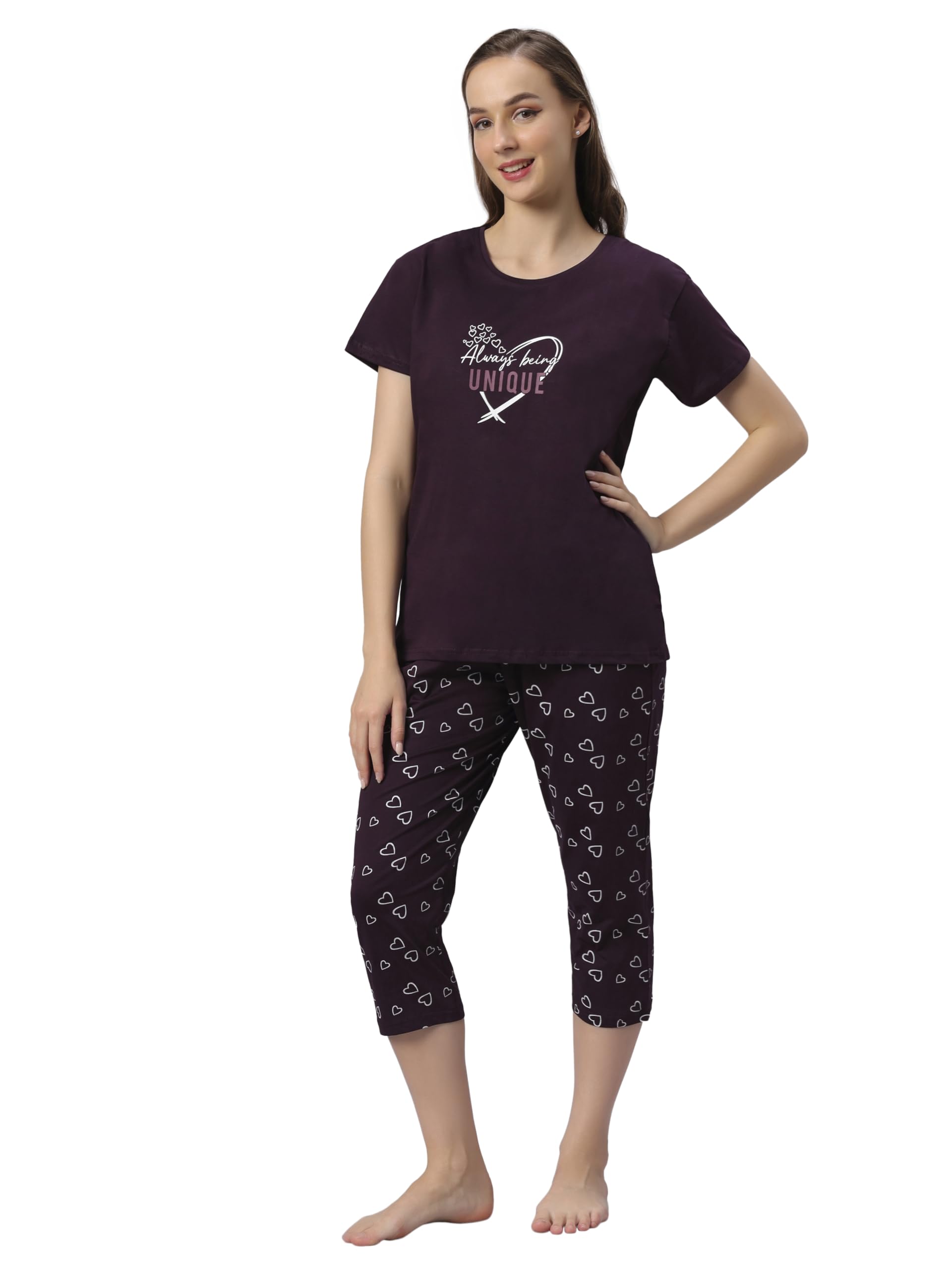 Cotton Night Suit for Women Girls | Women's Cotton T-Shirt & Striped Capri Set Pyjama Set Night Suit Sleepwear Nightwear Nightdress-image-38