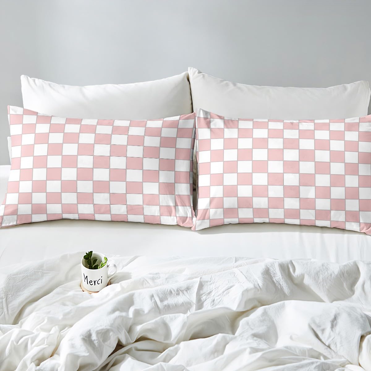 White Pink Plaid Comforter Cover Single Light Pink Checkerboard Bedding Set For Kids Girls Teen,Checkered Grid Duvet Cover Modern Aesthetic Geometric Bed Set Room Decor Zipper - Image 4