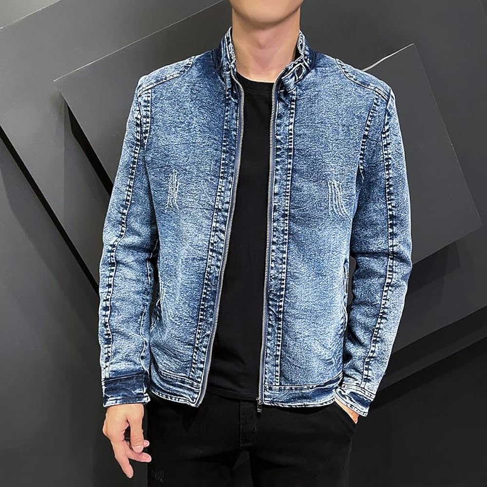 Men's Slim Zipper Jean Jackets，Vintage Liner Thicker Denim
