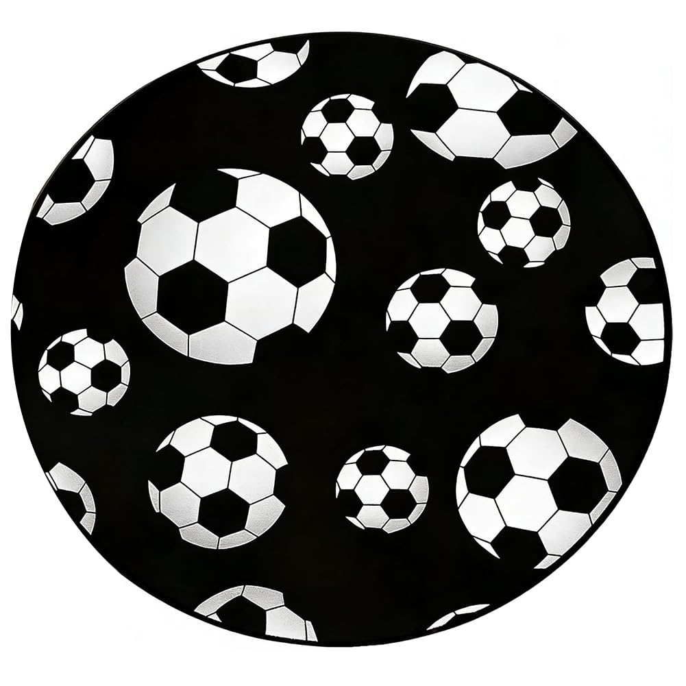 PyrrlicToy Round Football Black Rug Soccer Carpet Football Carpet Children's Room Soccer Ball Anti Cashmere Rug Children's Bedroom Chair Bath Mat (60 x 60 cm)