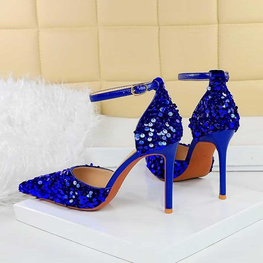 JOEupin Women's Sequin Pumps 4 Inch Pointed Toe Ankle Strap Stiletto Heels Party Wedding Dress Shoes4