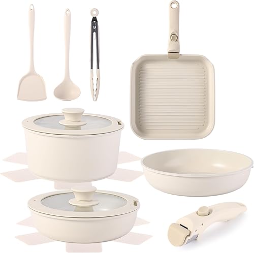 Juego de utensilios de cocina de 12 piezas de aluminio, antiadherentes, extraíbles y aptos para microondas, juego de sartenes de inducción para