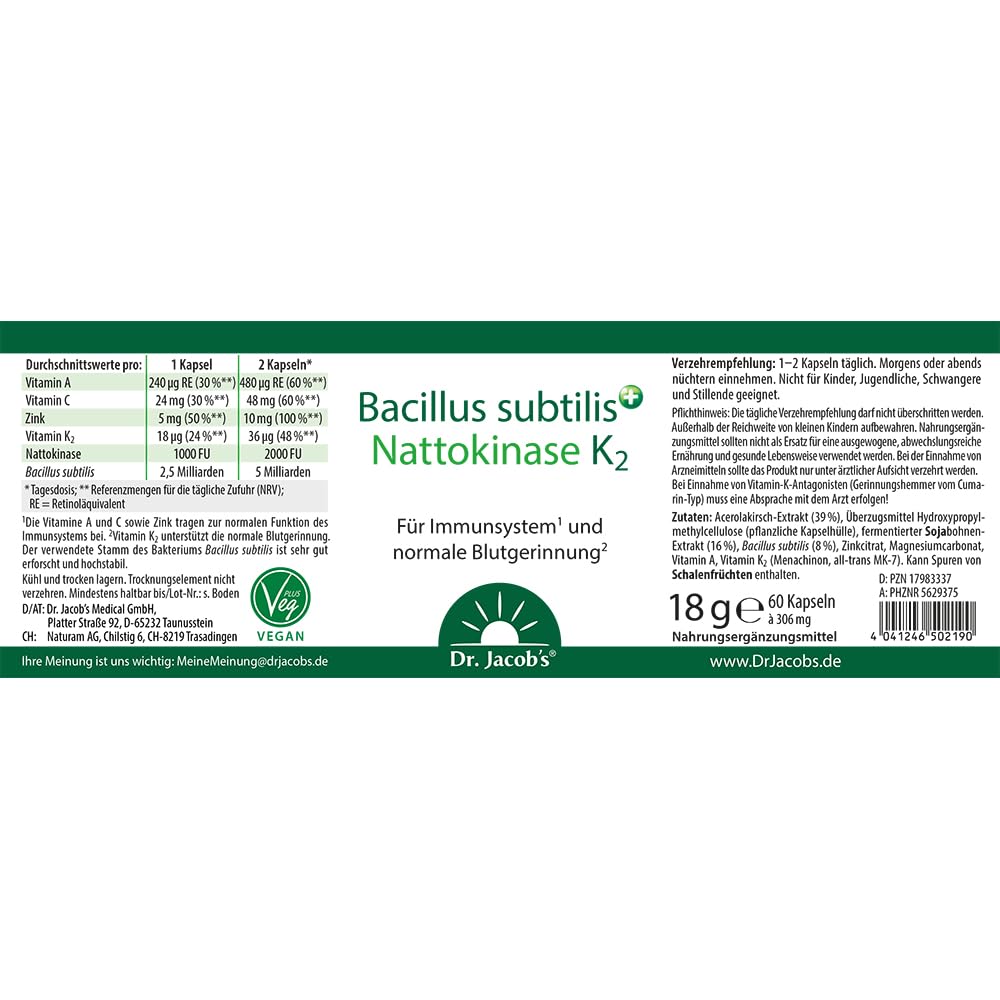 Bacillus subtilis plus I mit Nattokinase-Enzym und Vitamin K2 | Vitamin K₂ (all-trans MK-7), A, C und Zink I Für Immunsystem¹, Blutgefäße² und normale Blutgerinnung³ I 60 Kapseln I vegan