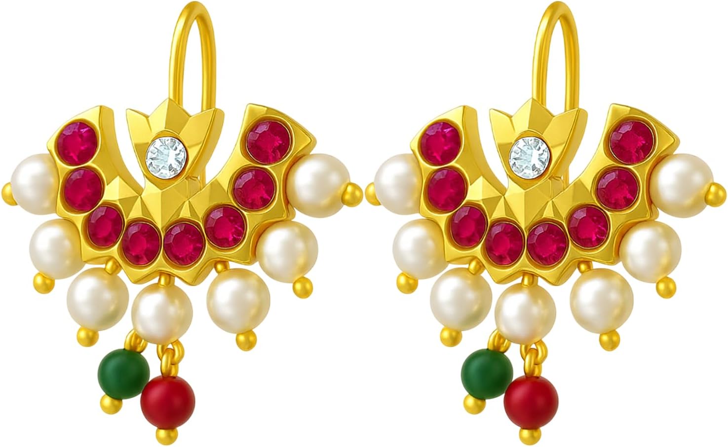 FASHIONS 18K Gold Plated Anti Tarnish Traditional Maharashtrian White Pearl Ruby Stone Half Moon Peacock Shape bugadi Upper Ear Clip on Pressing Earrings For Women & Girls
