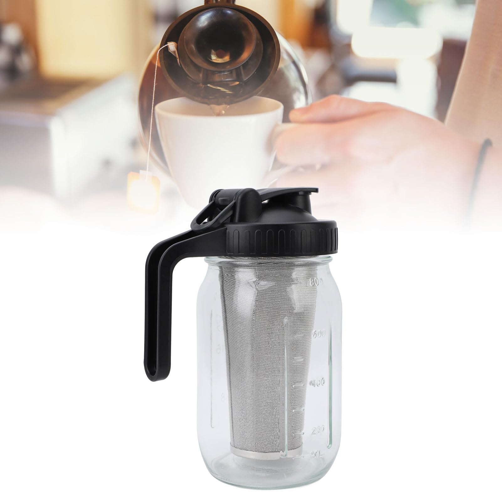Carafe en Verre pour Cafetière à Froid avec Filtre en Acier Inoxydable et Couvercle Bec, 1000ml