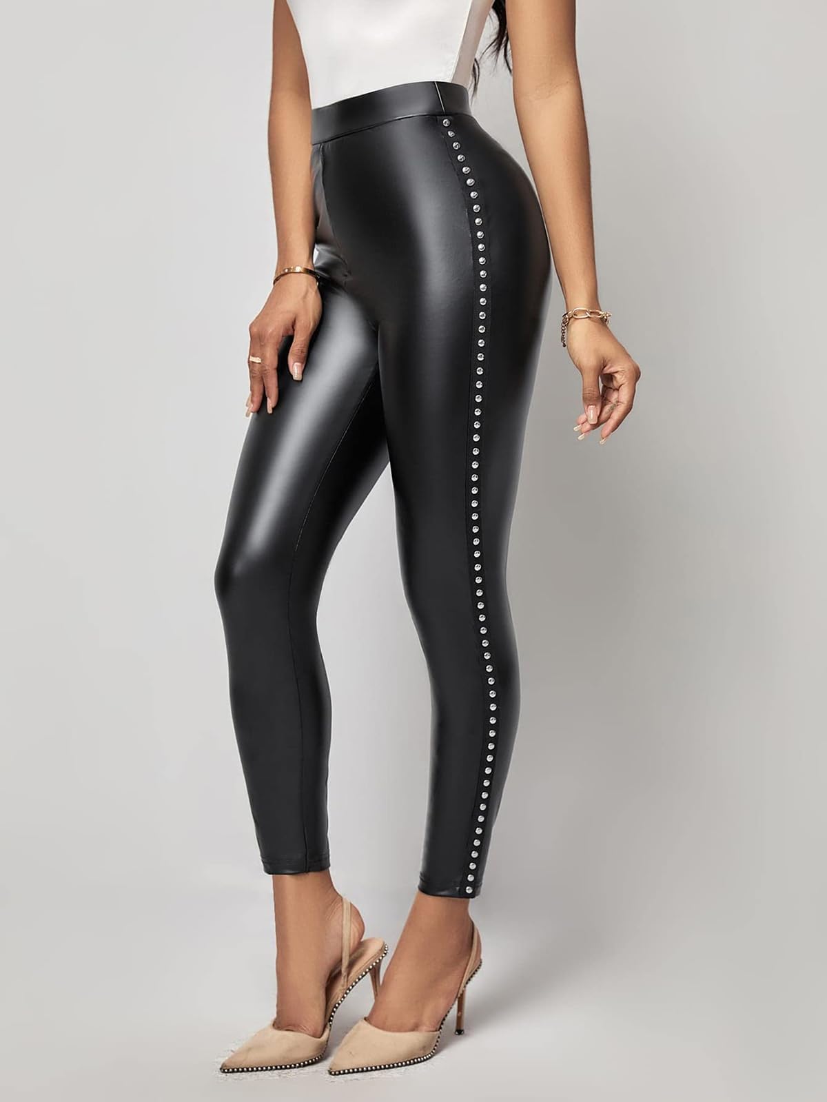 LifeShe Frauen Kunstleder Leggings mit Nieten Hohe Taille Sexy Skinny Hosen