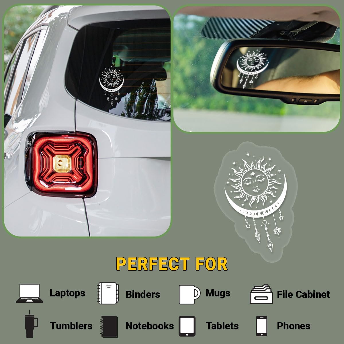 Sun and Moon Celestial Sticker, Boho Spiritual Line Art Decal with Stars and Crystals, Aesthetic UV Printed Vinyl Sticker, Waterproof Removable Decor for Water Bottle Laptop Car Window Wall 6in image 3