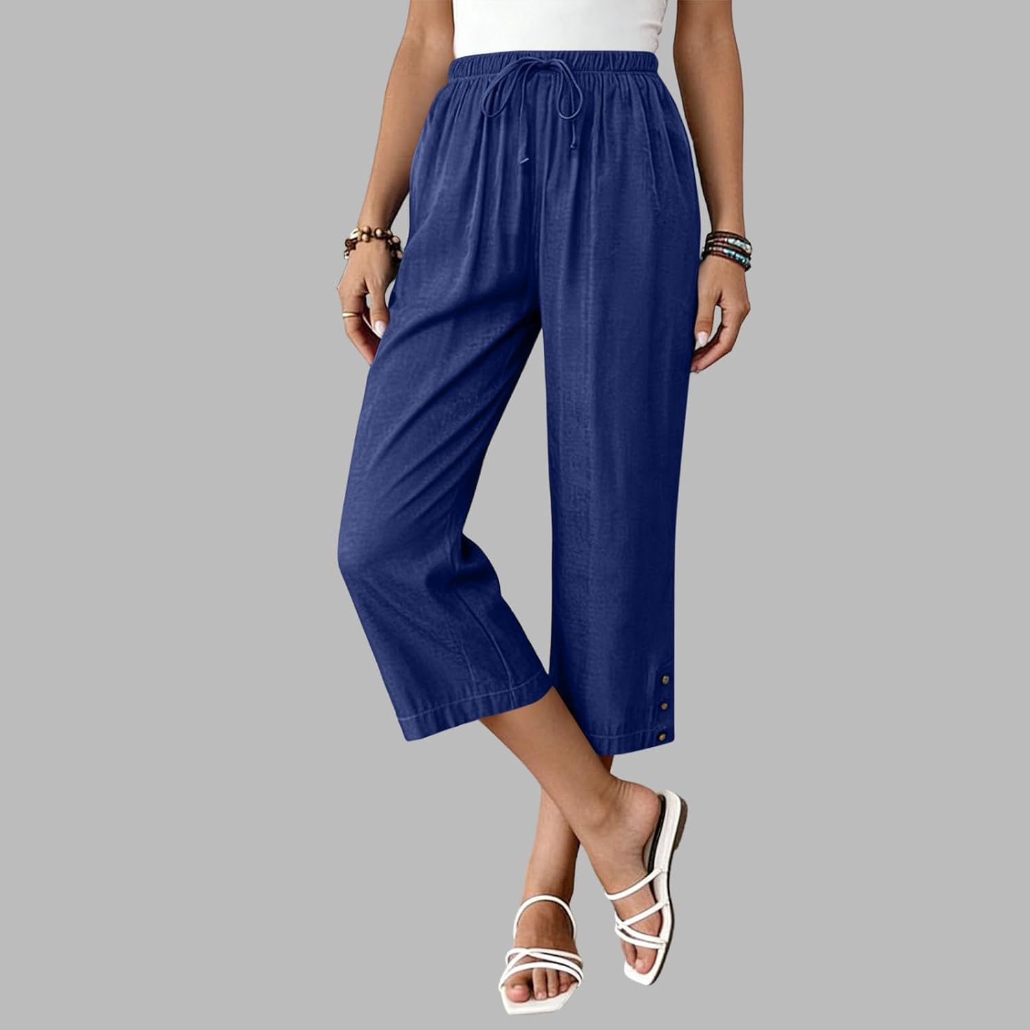 Women's Wide Leg Capri Pants Drawstring High Waisted Summer Beach Vacation Casual Lounge Trousers with Pockets