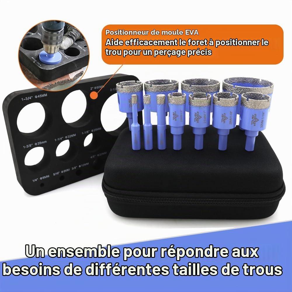 Foret Diamant Carrelage Boîte 11Pcs - 6/8/10/20/25/28/32/35/45/50/65mm Tige Triangulaire Scie Cloche pour Céramique Porcelaine Carrelage Granit Marbre