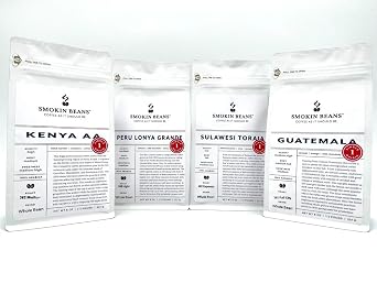 Smokin Beans World Tour Box, 4 bags 8-oz each, Kenya Medium Roast, Peru Light Roast, Guatemala Full City Roast, Sulawesi Espresso Roast, Freshly Roasted Premium Whole Bean Specialty Coffee
