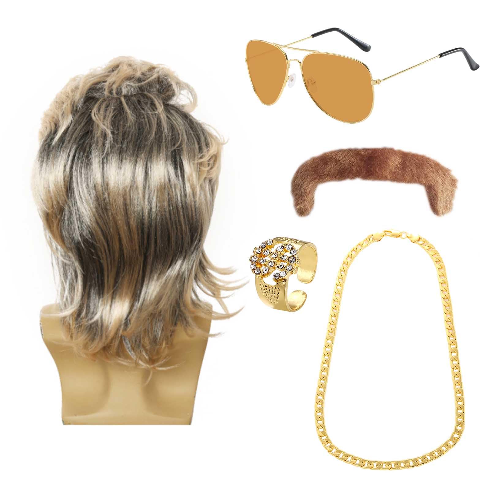 XNIVUIS 5 Pcs Hippie Costume Set, Rockstar 80s Fancy Dress Men, Rockstar Retro Blonde Rocker Wig 70s 80s Costume Accessories for Men Women, 70s 80 Disco Costume Wigs Rocker Halloween (5 Pcs)