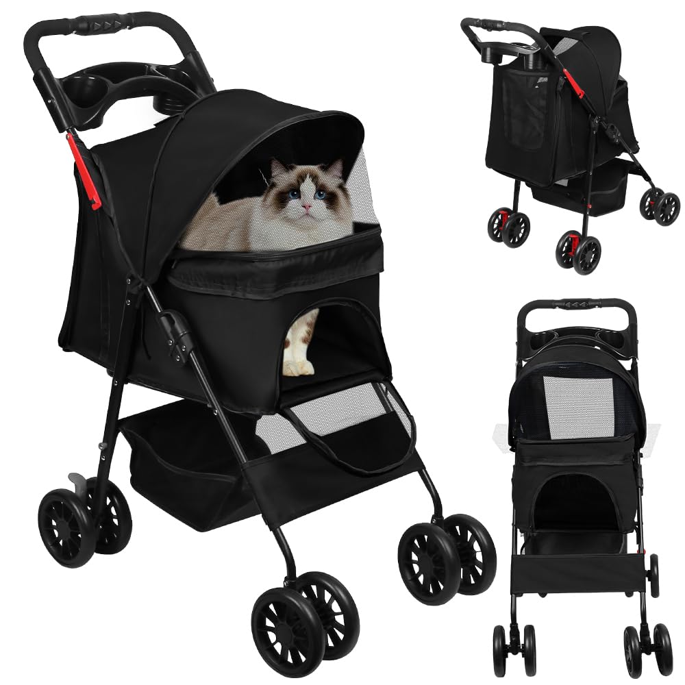 Homewell Passeggino per cani, passeggino per animali domestici, passeggino per gatti, cani di piccola taglia, passeggino per animali domestici con finestre a rete, portabagagli e 2 portabevande fino a