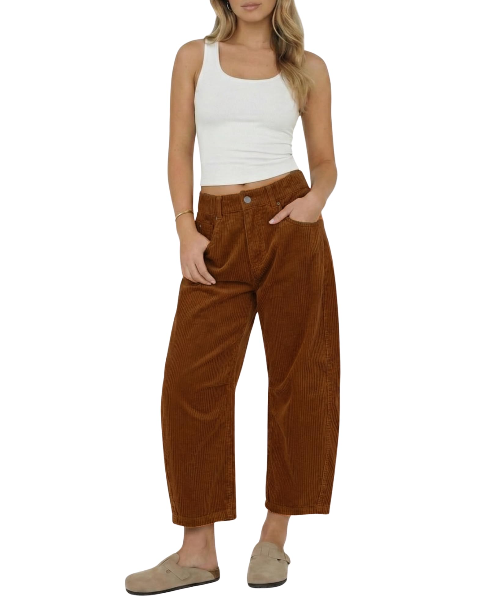 Photo 1 of *LIGHT BROWN*
OctMoon Women’s Corduroy Barrel Pants Mid-Rise Elastic Waist Corduroy Pants Wide Leg Trousers Casual Wide Leg Baggy Trouser with Pockets(Brown)-XL