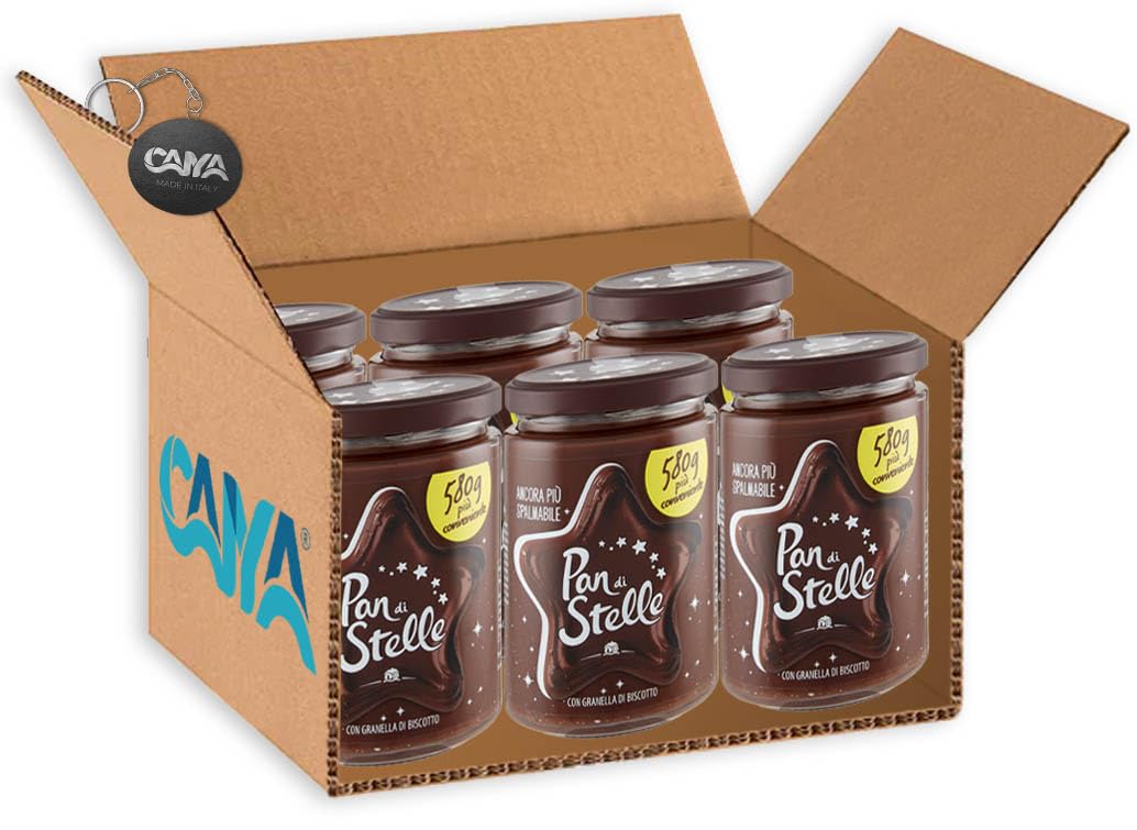 6X Pan di Stelle Crema Spalmabile alle Nocciole e Cacao con Granella di Biscotto 580g - Formato Famiglia [CAIYA® BOX da 6 Barattoli]