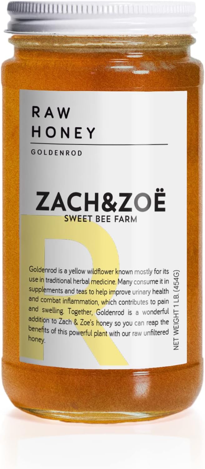 Unfiltered Raw Honey by Zach & Zoe Sweet Bee Farm – (1) 16 Ounce Jar of Goldenrod Honey - Pure Farm Raised Honey with Powerful Anti-oxidants, Amino Acids, Enzymes, and Vitamins!