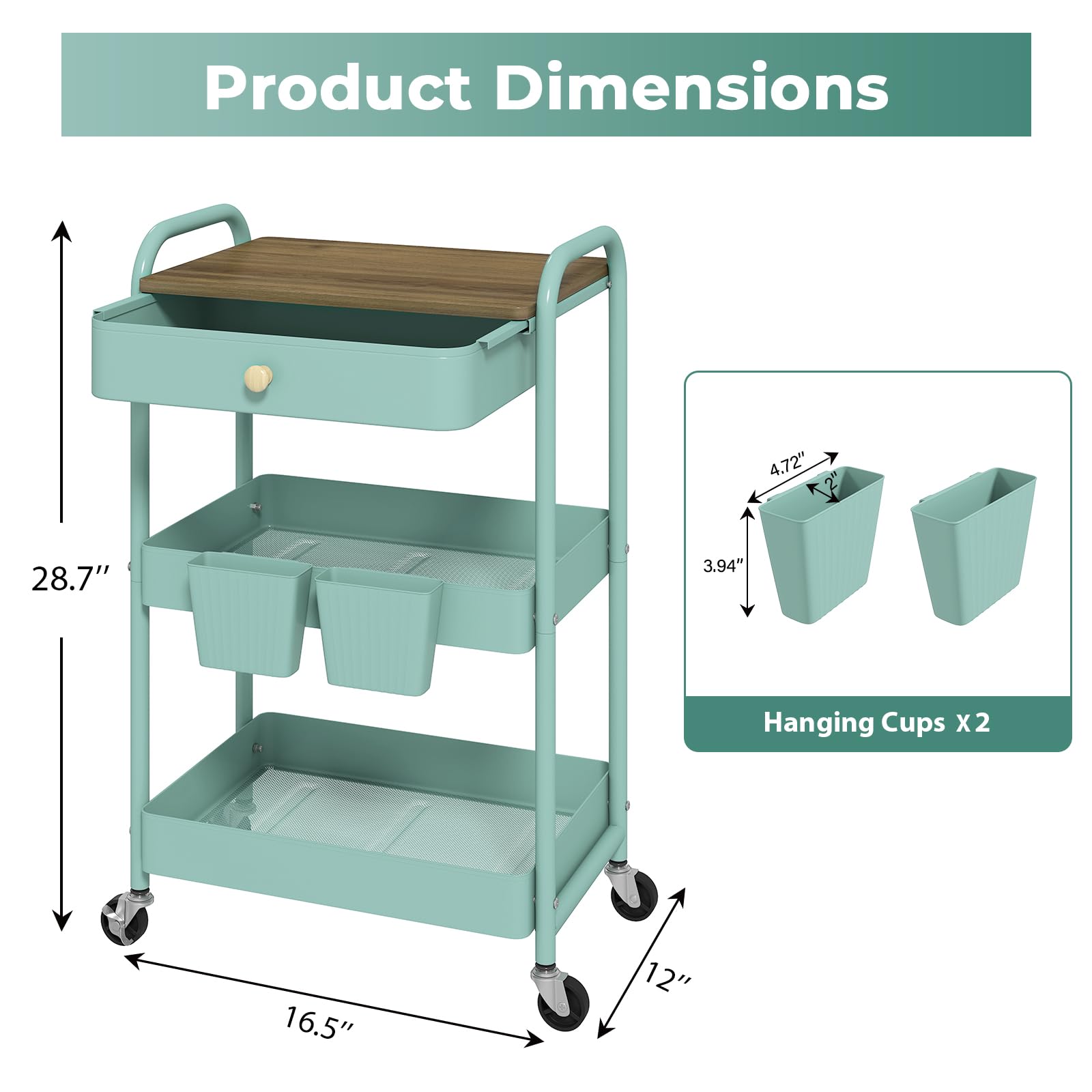 danpinera Carrello a 3 livelli, in metallo, con tavolo e cassetto in legno, carrello portaoggetti con tazze appese per cucina, bagno, ufficio