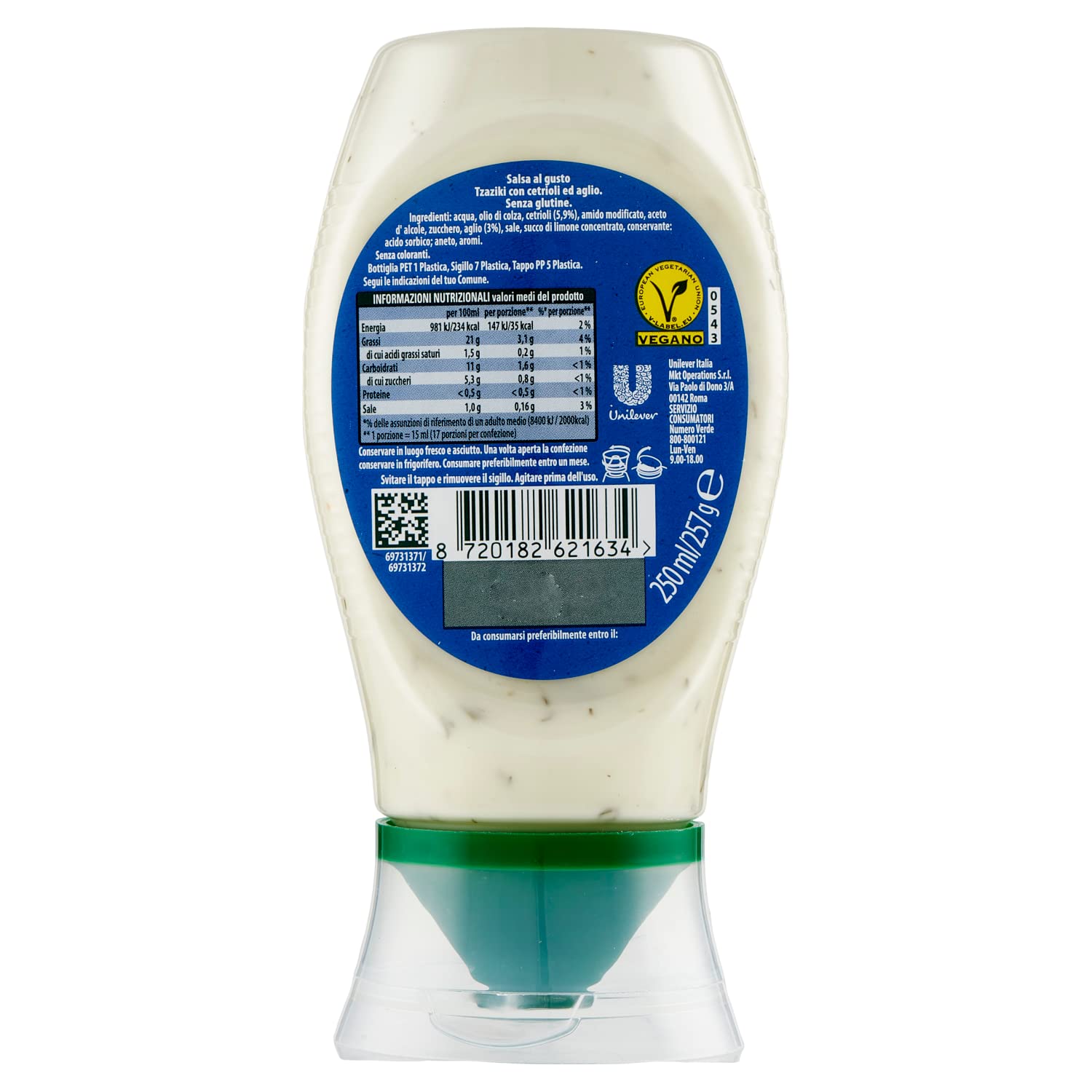 Calvé Salsa tzaziki, formato 250 ml, salsa tzaziki a base de pepino y ajo, ideal para pinzimonio, ensaladas, carne y pescado, sin colorantes, sin gluten, vegana.