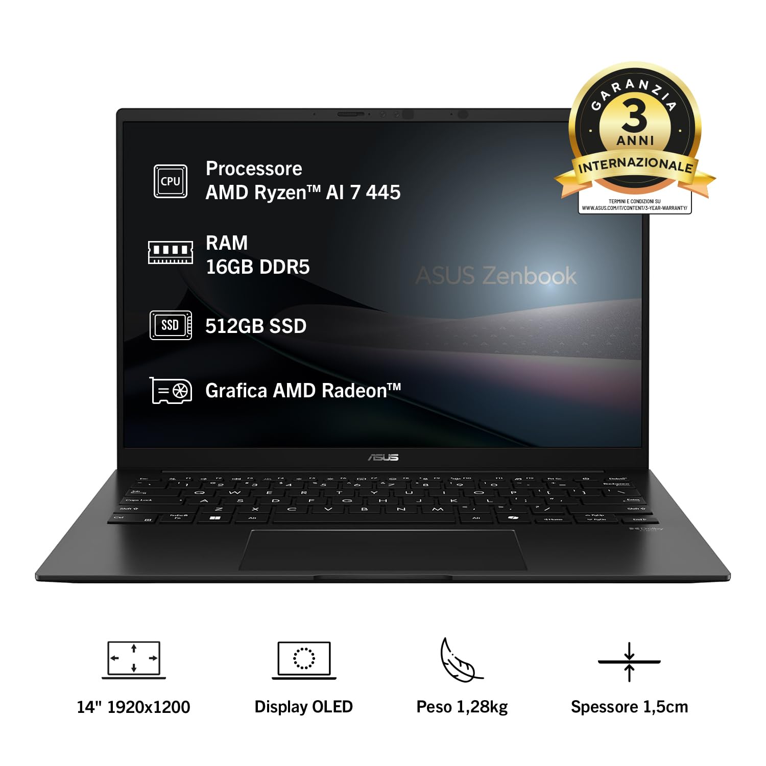 ASUS Zenbook 14 UM3406GA#B0GN3ZHZY6, Notebook con display 14" OLED, Glossy,60Hz,AMD Ryzen™ AI 7 445 Processor, RAM 16GB, 512GB SSD, WIN11 Home, Nero