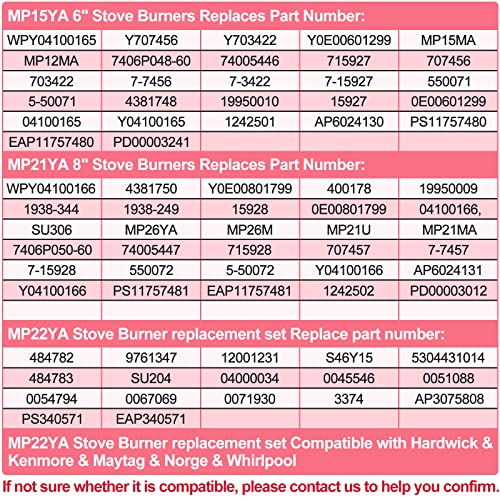 Upgraded MP22YA 4 Pack Electric Range Burner Element Unit Set, 2 x MP15YA 6" and 2 x MP21YA 8" Stove Burners Replacement for Kenmore, Hardwick, Maytag, Norge Whirlpool Electric Range Stove