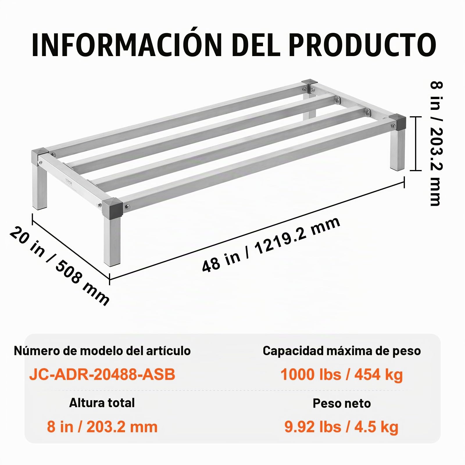 VEVOR Estante de Estiba de Aluminio 121,9x50,8x20,3 cm Estante de Almacenamiento Comercial Carga de 454 kg Fácil Montaje para Almacenamiento de Alimentos en Suelo, en Restaurantes, Cocinas, Garajes