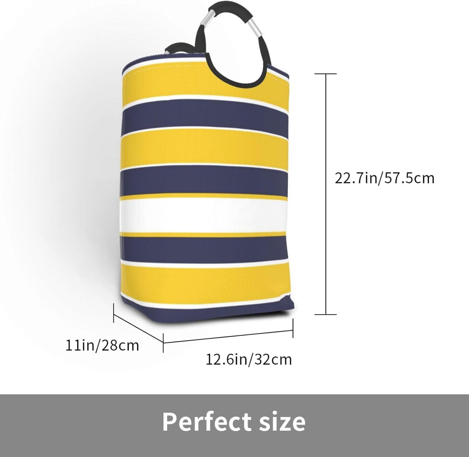 Large Laundry Hamper Bag, Horizontal Stripes, Mustard Yellow, Navy Blue Laundry Basket Collapsible Dirty Clothes Storage Washing Bin for Bathroom, Dorm Essentials