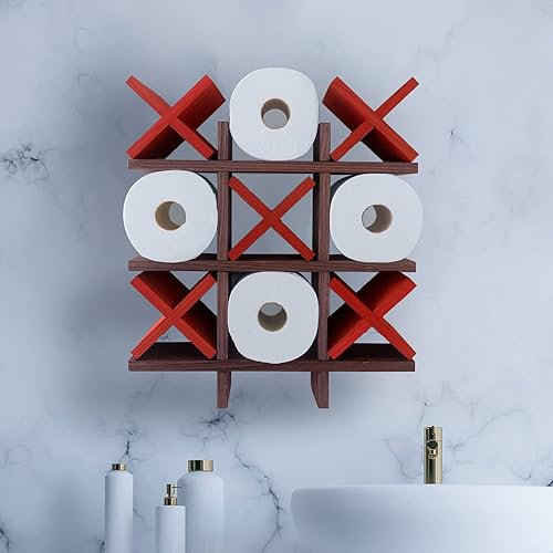 Tic Tac Toe - Soporte para papel higiénico Decoración y almacenamiento de baño de granja para rollo de papel higiénico Estantes de madera montados